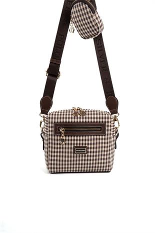 Silver Polo SP1038 Kadın Çapraz Çanta Ekose Line Kare Kahve Sarı-Kahve