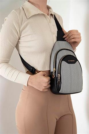 Silver & Polo SP959 Kadın Vücut Çantası Hasır Siyah Beyaz-Siyah