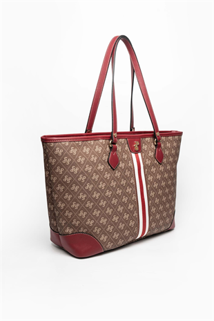 Silver Polo SP1169 Kadın Omuz Çantası Şeritli Monogram Kahve-Bordo