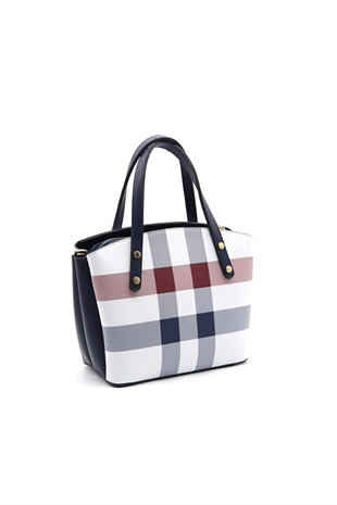 Silver & Polo SP1021 Kadın El Çantası Ekose Beyaz-Lacivert