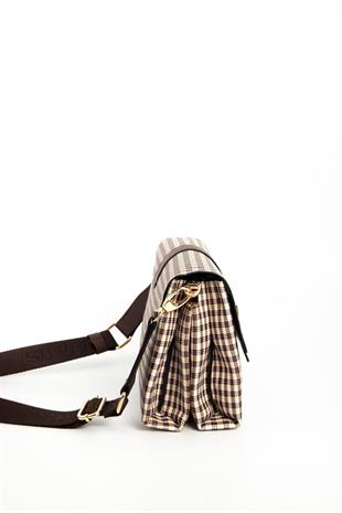 Silver & Polo SP1009 Kadın Çapraz Çanta Ekose Line Kare Kahve Sarı-Kahve