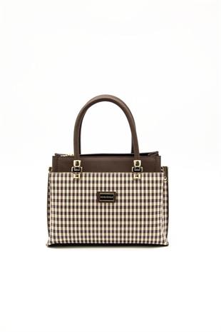Silver & Polo SP826 Kadın El Çantası Ekose Line Kare Kahve Sarı-Kahve