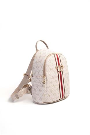 Silver & Polo SP1161 Kadın Sırt Çantası Şeritli Monogram Bej-Kum