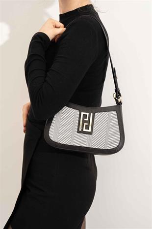 Silver & Polo SP1132 Kadın Çapraz Çanta Hasır Siyah Beyaz-Siyah