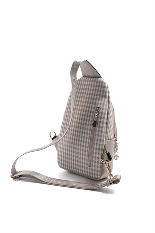 Silver & Polo SP959 Kadın Vücut Çantası Ekose Line Kare Kum Beji