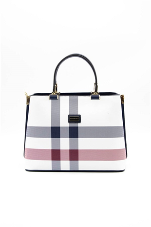 Silver & Polo SP924 Kadın El Çantası Ekose Beyaz-Lacivert