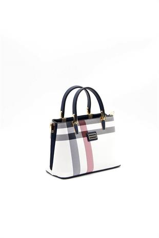 Silver & Polo SP987 Kadın El Çantası Ekose Beyaz-Lacivert