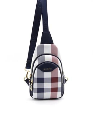 Silver & Polo SP959 Kadın Vücut Çantası Ekose Beyaz-Lacivert