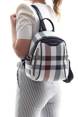 Silver & Polo SP906 Kadın Sırt Çantası Ekose Beyaz-Lacivert