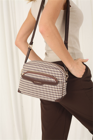 Silver & Polo SP1201 Kadın Çapraz Çanta Ekose Line Kare Kahve Sarı-Kahve