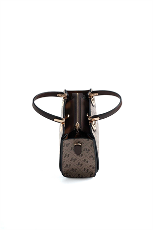 Silver & Polo SP1133 Kadın El Çantası Monogram Koyubej-Kahve