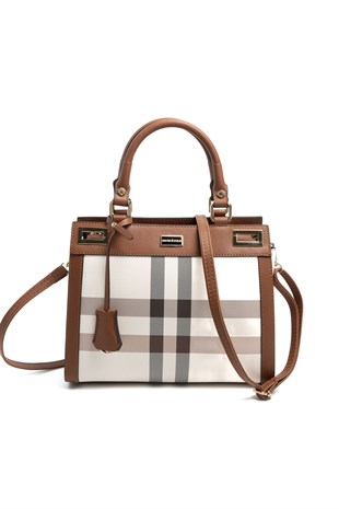 Silver & Polo SP1174 Kadın El Çantası Ekose Krem-Taba