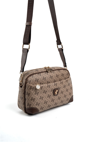 Silver & Polo SP1094 Kadın Çapraz Çanta Monogram Koyubej-Kahve