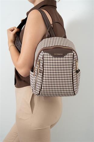 Silver & Polo SP906 Kadın Sırt Çantası Ekose Line Kare Kahve Sarı-Kahve