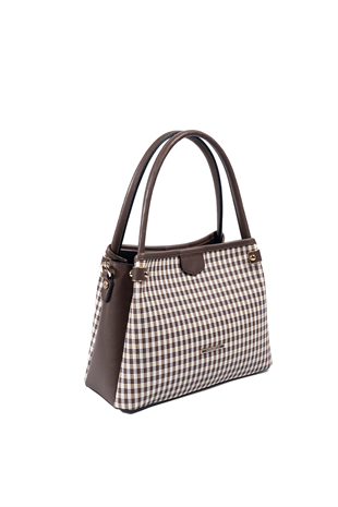 Silver & Polo SP1254 Kadın El Çantası Ekose Line Kare Kahve Sarı-Kahve