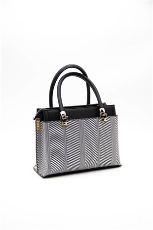 Silver & Polo SP826 Kadın El Çantası Hasır Siyah Beyaz-Siyah