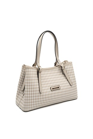 Silver & Polo SP1252 Kadın El Çantası Ekose Line Kare Kum Beji-Kum Beji