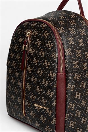 Silver & Polo SP901 Kadın Sırt Çantası Monogram Kahve Sarı-Bordo