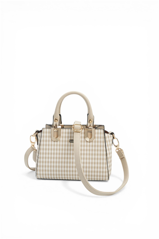 Silver & Polo SP1281 Kadın El Çantası Ekose Line Kare Kum Beji-Kum Beji