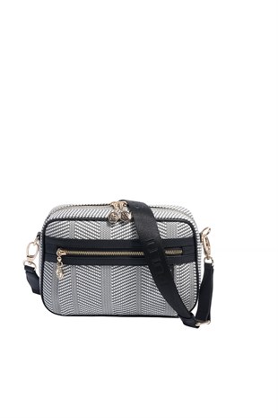 Silver & Polo SP1280 Kadın Çapraz Çanta Hasır Siyah Beyaz-Siyah