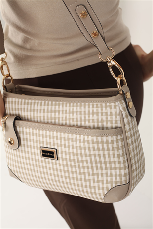 Silver & Polo SP1160 Kadın Çapraz Çanta Ekose Line Kare Kum Beji-Kum
