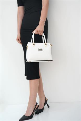 Silver & Polo SP826 Kadın El Çantası Logolu Beyaz-Beyaz