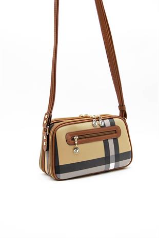 Silver & Polo SP899 Kadın Çapraz Çanta Ekose Bej-Taba