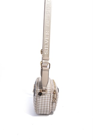 Silver & Polo SP1111 Kadın Çapraz Çanta Ekose Line Kare Kum Beji