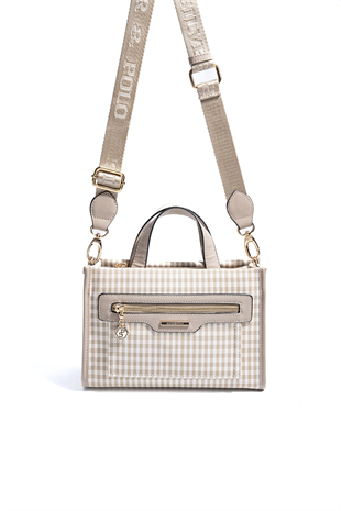 Silver & Polo SP1271 Kadın El Çantası Ekose Line Kare Kum Beji-Kum