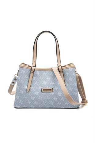 Silver & Polo SP1252 Kadın El Çantası Monogram Mavi-Ten