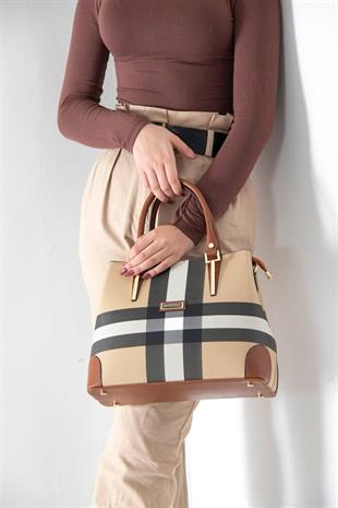 Silver & Polo SP667 Kadın El Çantası Ekose Bej-Taba