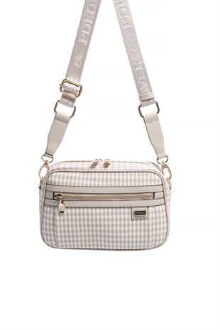 Silver & Polo SP1280 Kadın Çapraz Çanta Ekose Line Kare Kum Beji-Kum Beji