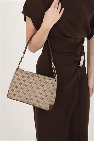 Silver & Polo SP910 Kadın Çapraz Çanta Monogram Koyubej-Kahve
