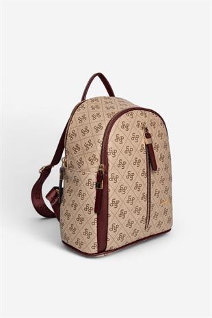 Silver & Polo SP901 Kadın Sırt Çantası Monogram Koyu Bej-Bordo