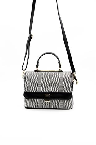 Silver & Polo SP838 Kadın Çapraz Çanta Hasır Siyah Beyaz-Siyah