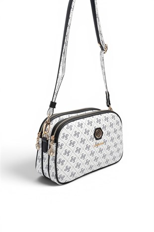Silver Polo Beyaz - Siyah Monogram Kadın Çapraz Çanta SP745