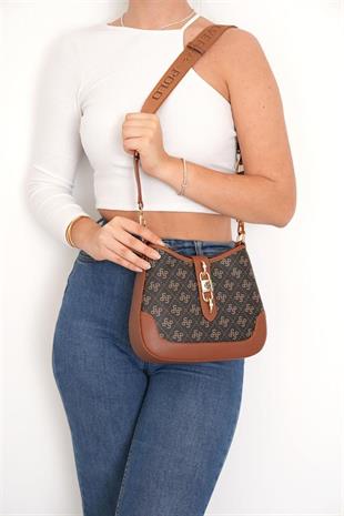 Silver & Polo SP1156 Kadın Çapraz Çanta Monogram Kahve Sarı-Taba