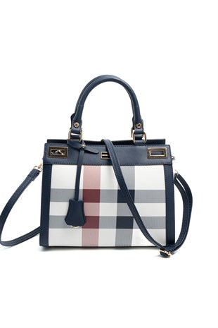 Silver & Polo SP1174 Kadın El Çantası Ekose Beyaz-Lacivert