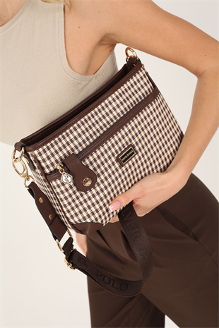 Silver & Polo SP1160 Kadın Çapraz Çanta Ekose Line Kare Kahve Sarı-Kahve