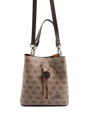 Silver & Polo SP967 Kadın Çapraz Çanta Monogram Koyubej-Kahve