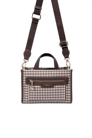 Silver & Polo SP1271 Kadın El Çantası Ekose Line Kare Kahve Sarı-Kahve
