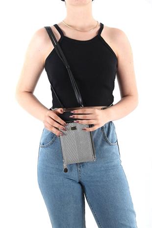 Silver Polo Siyah Beyaz - Siyah Hasır Kadın Telefon Çantası SP1011