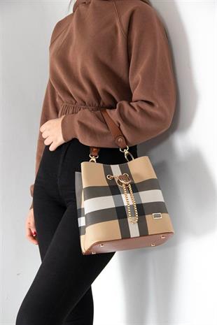 Silver & Polo SP967 Kadın Çapraz Çanta Ekose Bej-Taba