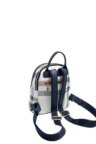 Silver & Polo SP983 Kadın Sırt Çantası Ekose Beyaz-Lacivert