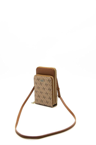 Silver & Polo SP1011 Kadın Telefon Çantası Monogram Koyu Bej-Taba
