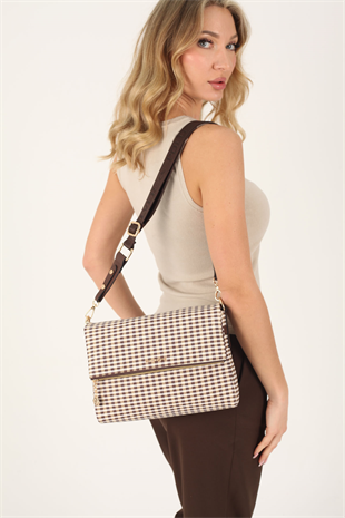 Silver & Polo SP963 Kadın Çapraz Çanta Ekose Line Kare Kahve Sarı-Kahve