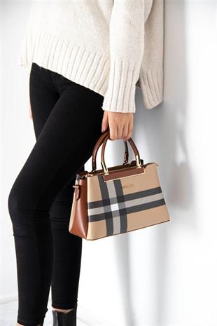 Silver & Polo SP913 Kadın El Çantası Ekose Bej-Taba