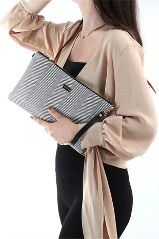Silver & Polo SP1034 Kadın Portföy & Clutch Hasır Siyah Beyaz-Siyah