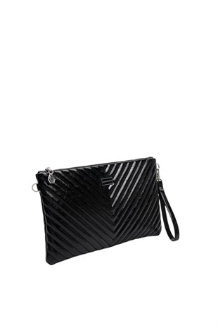 Silver Polo Crash Kırışık Siyah Kapitone V Kadın Portföy ve Clutch El Çantası SP1034