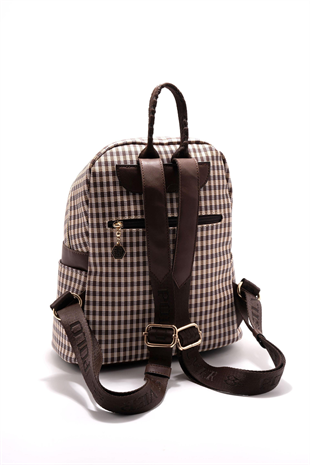Silver & Polo SP926 Kadın Sırt Çantası Ekose Line Kare Kahve Sarı-Kahve